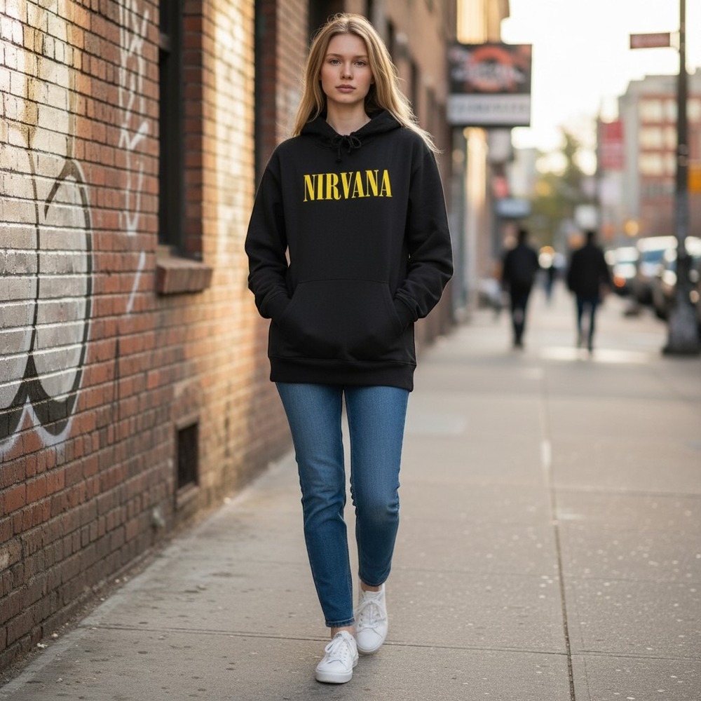 H&M Nirvana Graphic Hoodie Black Yellow Smiley Face Band Sweatshirt Size M